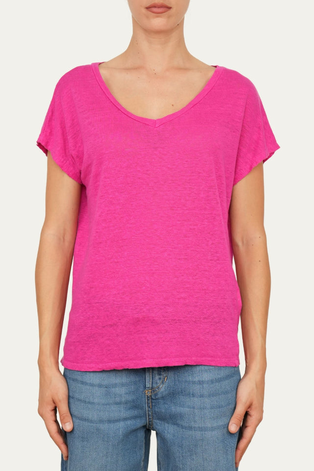Maglia scollo a V in Lino - Fucsia