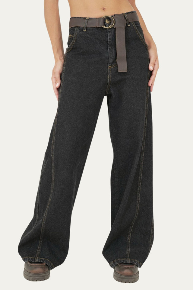 Jeans a vita alta cuciture laterali - Nero