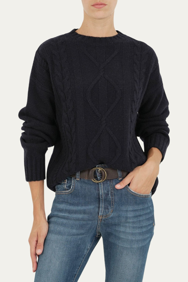 Maglione girocollo a costine con trecce e rombi - Blu Notte
