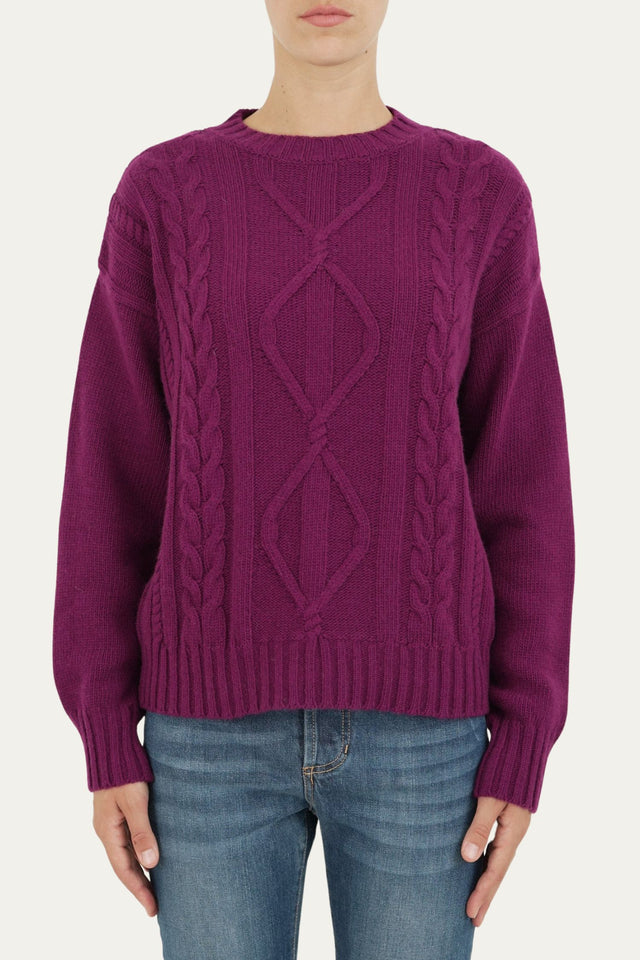 Maglione girocollo a costine con trecce e rombi - Porpora
