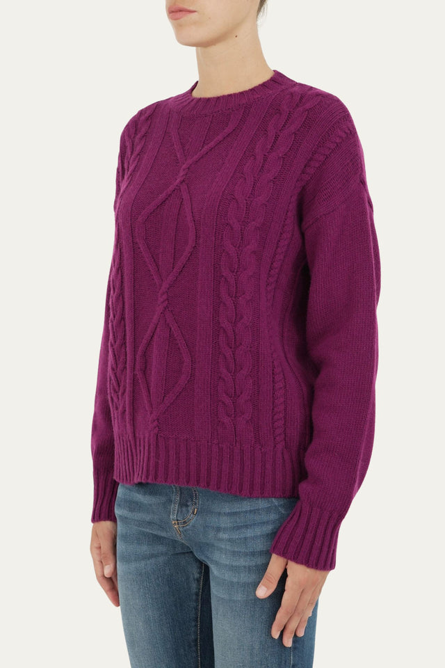 Maglione girocollo a costine con trecce e rombi - Porpora