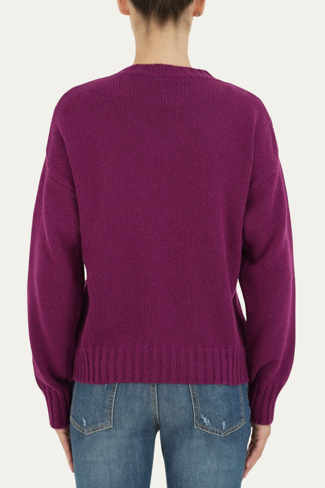 Maglione girocollo a costine con trecce e rombi - Porpora