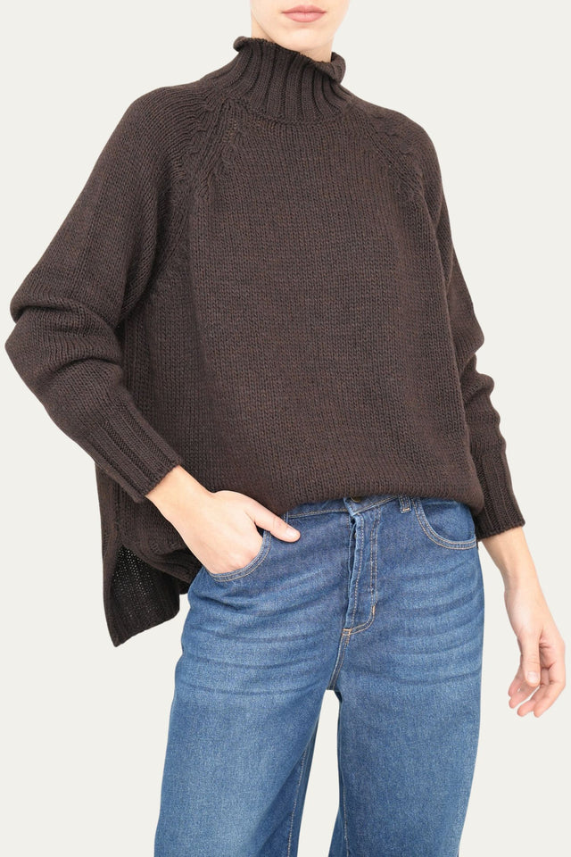 Maglione collo montato a costine con spacchi laterali - Moro Melange