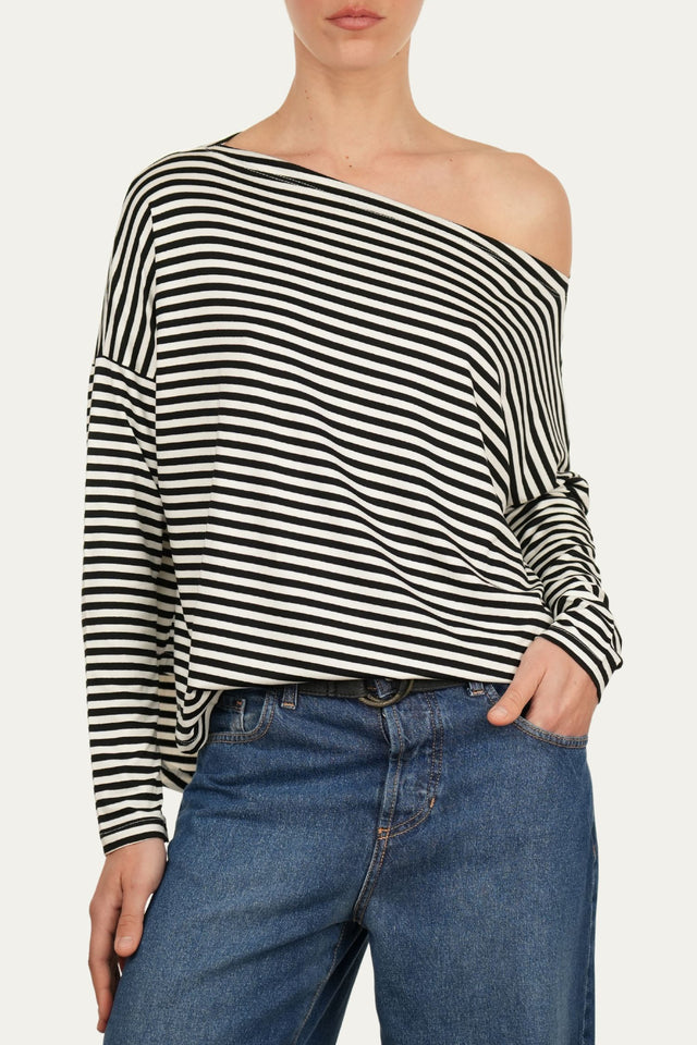 Maglia scollo barca spalla scesa righe Florida Viscosa - Nero