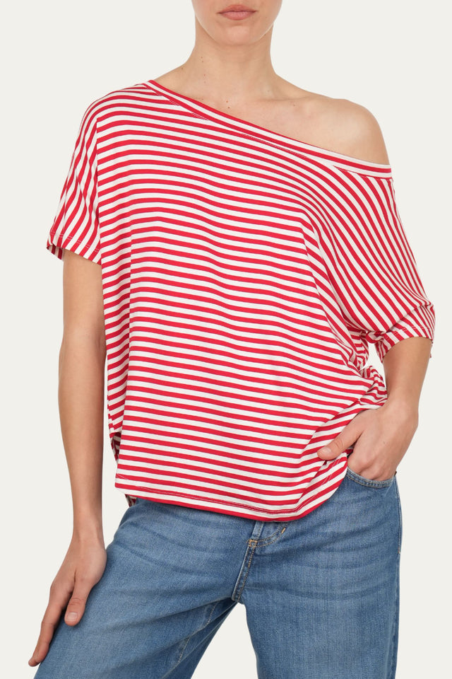 Maglia scollo barca spalla scesa corta righe Florida - Rosso