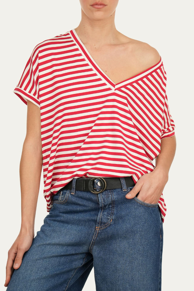 Maglia scollo a V righe Boston Viscosa - Rosso