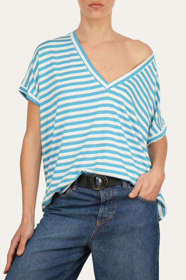 Maglia scollo a V righe Boston Viscosa - Turchese