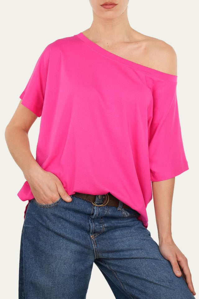 Maglia scollo a barca maniche corte Cotone - Fuxia