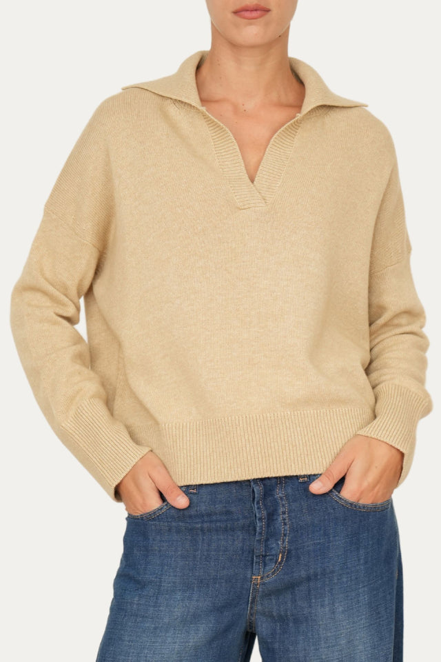 Maglia POLO a costine misto cashmere - Grano