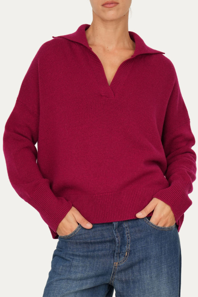 Maglia POLO a costine misto cashmere - Ciclamino