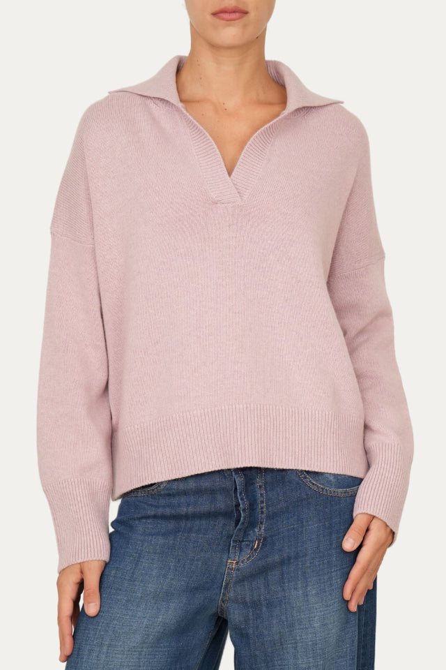 Maglia POLO a costine misto cashmere - Malva