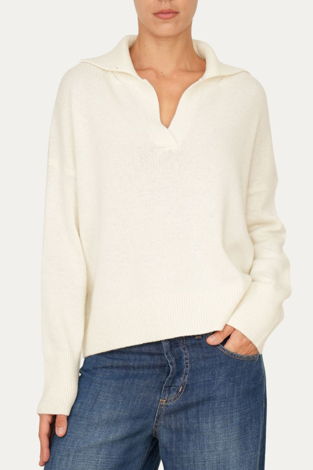 Maglia POLO a costine misto cashmere - Panna