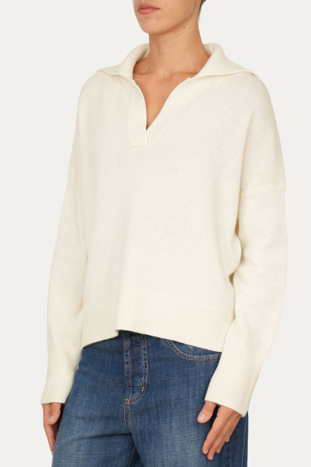 Maglia POLO a costine misto cashmere - Panna