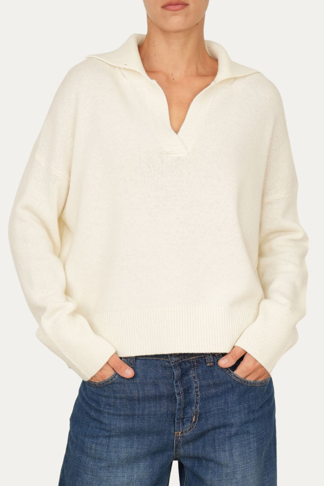 Maglia POLO a costine misto cashmere - Panna