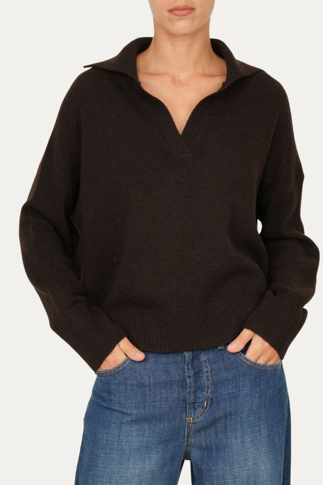 Maglia POLO a costine misto cashmere - Caffè