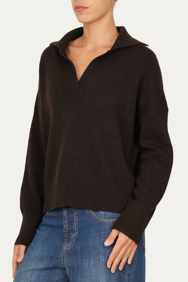 Maglia POLO a costine misto cashmere - Caffè
