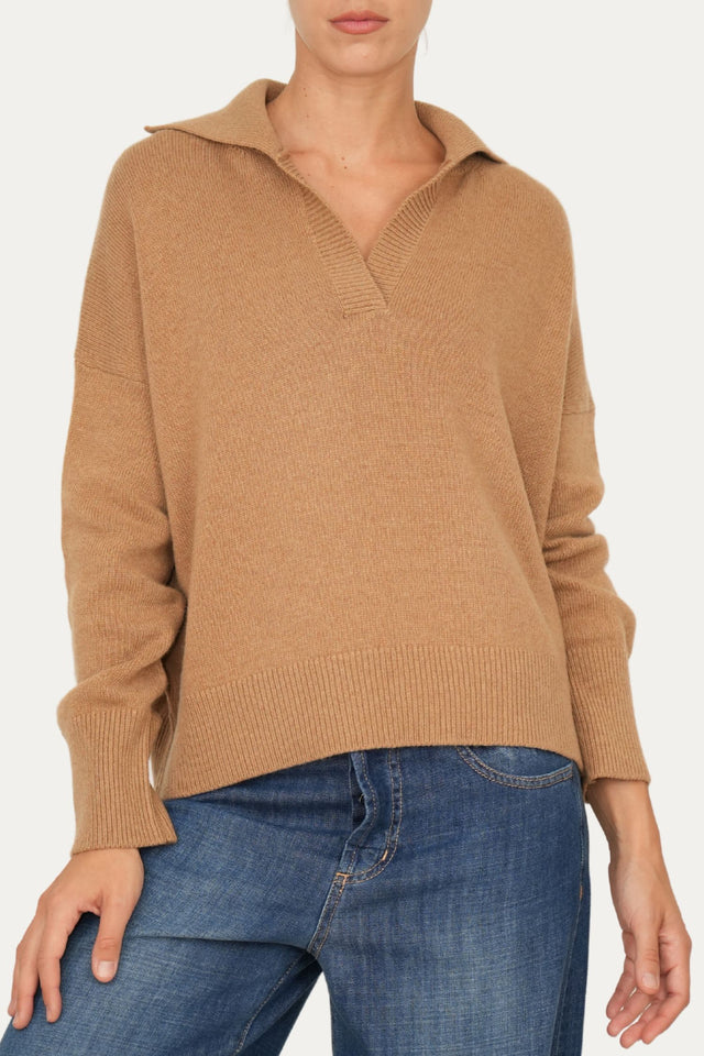 Maglia POLO a costine misto cashmere - Biscotto