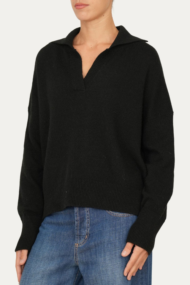 Maglia POLO a costine misto cashmere - Nero