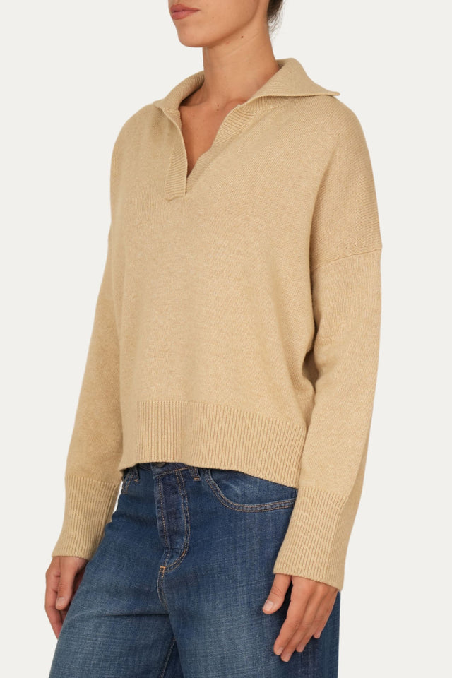 Maglia POLO a costine misto cashmere - Grano
