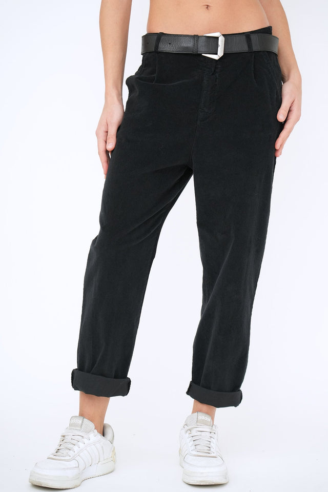 Bulier - Pantalone boyfriend SALLY velluto mille righe - Nero - Elisa Paglia