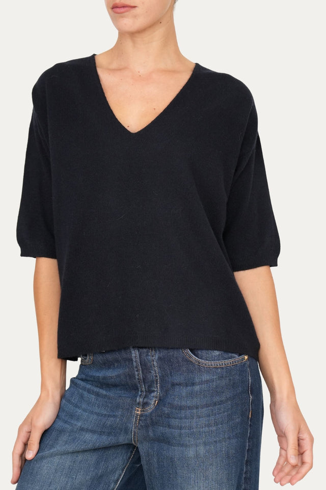 Maglia a scatola manica 3/4 misto cashmere - Navy