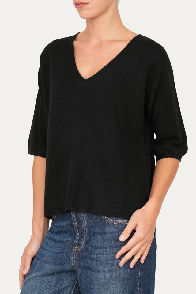 Maglia a scatola manica 3/4 misto cashmere - Nero