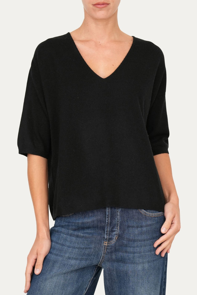 Maglia a scatola manica 3/4 misto cashmere - Nero