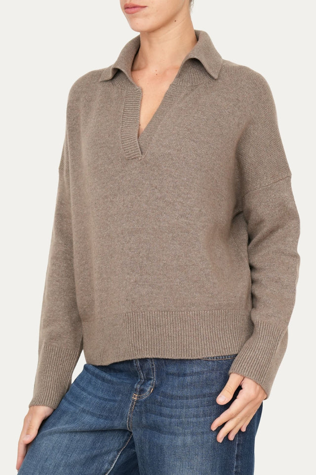 Maglia POLO a costine misto cashmere - Noce