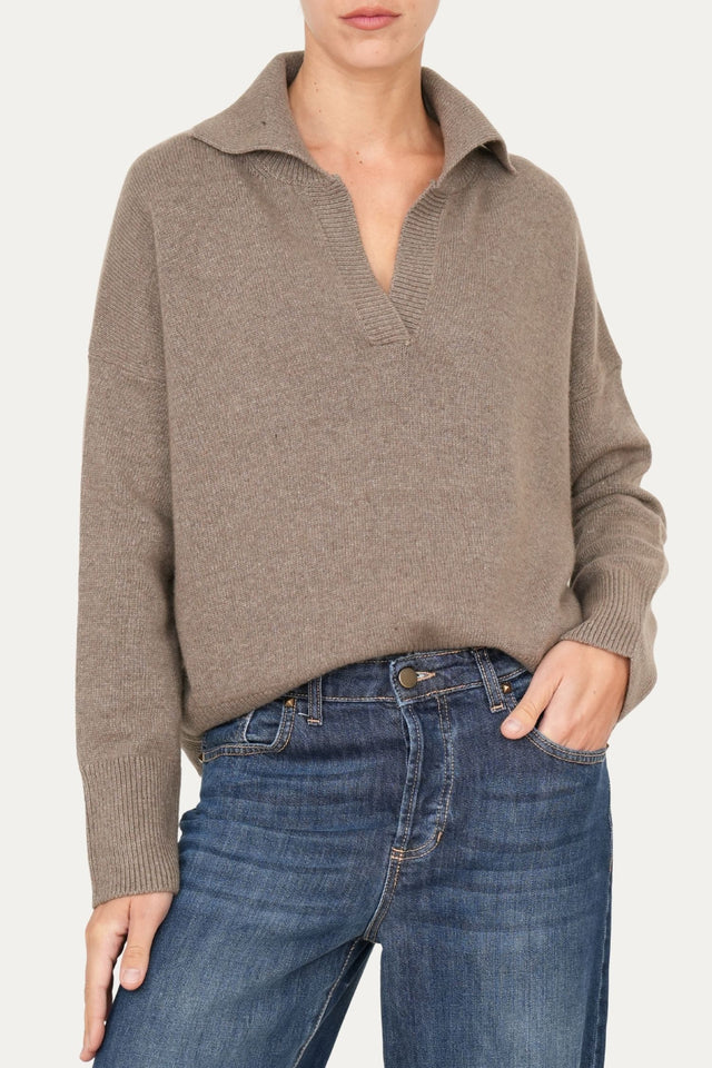 Maglia POLO a costine misto cashmere - Noce