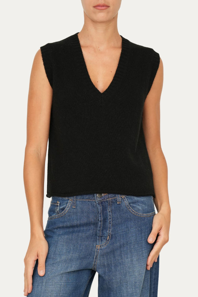 Gilet smanicato a costine misto cashmere - Nero