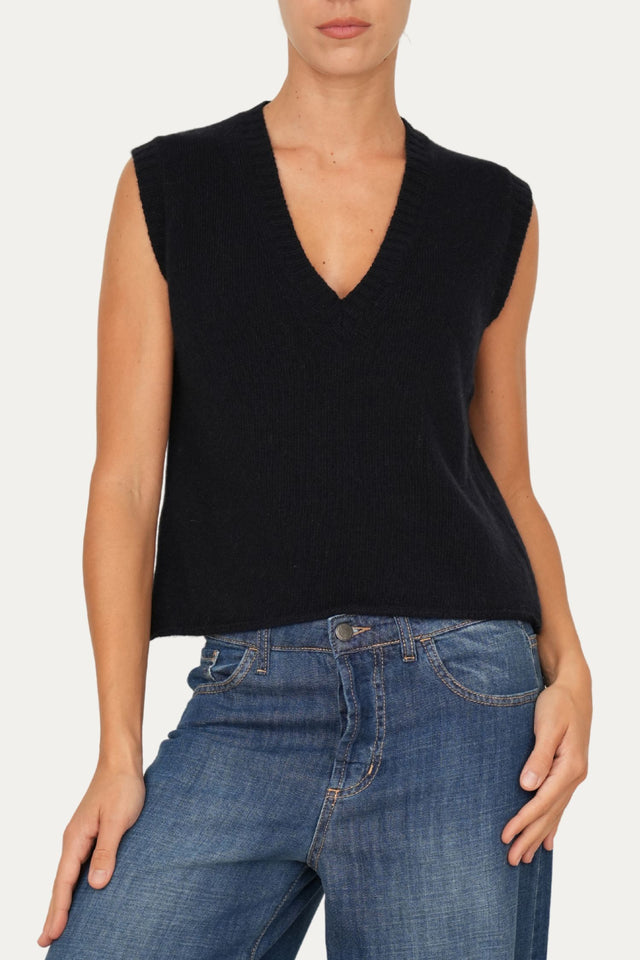 Gilet smanicato a costine misto cashmere - Navy
