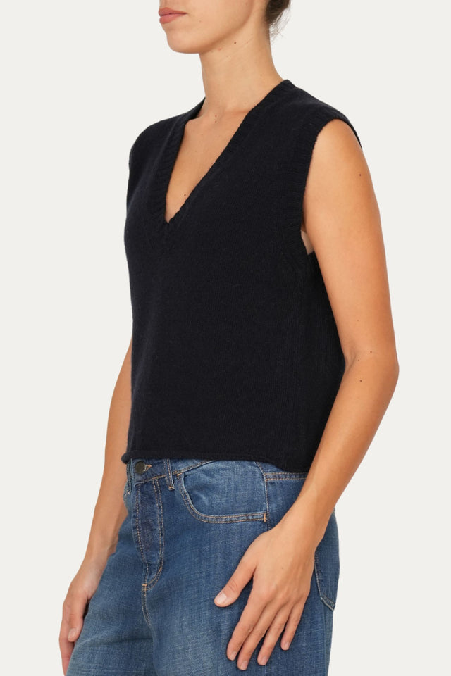 Gilet smanicato a costine misto cashmere - Navy