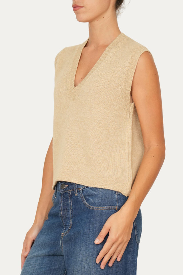 Gilet smanicato a costine misto cashmere - Grano