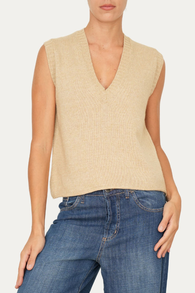 Gilet smanicato a costine misto cashmere - Grano