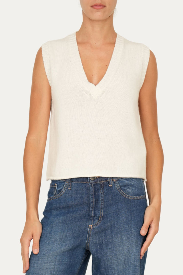 Gilet smanicato a costine misto cashmere - Panna