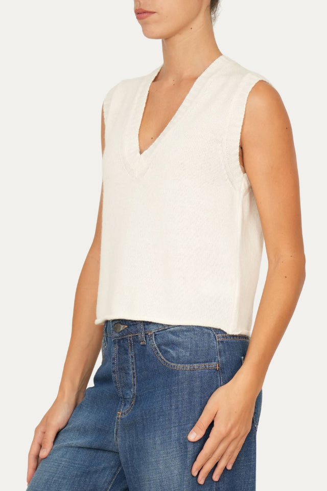 Gilet smanicato a costine misto cashmere - Panna