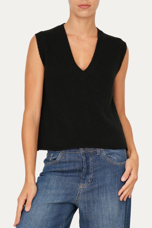 Gilet smanicato a costine misto cashmere - Nero