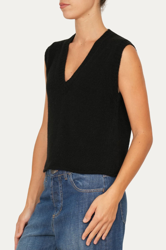 Gilet smanicato a costine misto cashmere - Nero