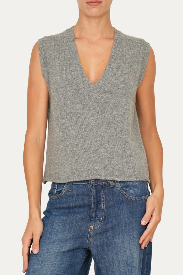 Gilet smanicato a costine misto cashmere - Grigio
