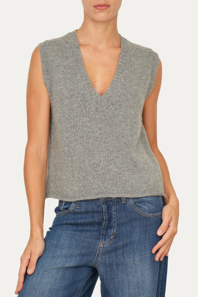 Gilet smanicato a costine misto cashmere - Grigio